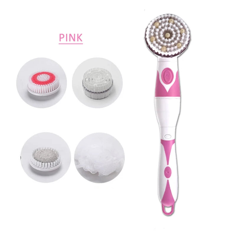 4-In-1 Electric Bath Brush with Long Handle – Waterproof Body Scrubber & Massager