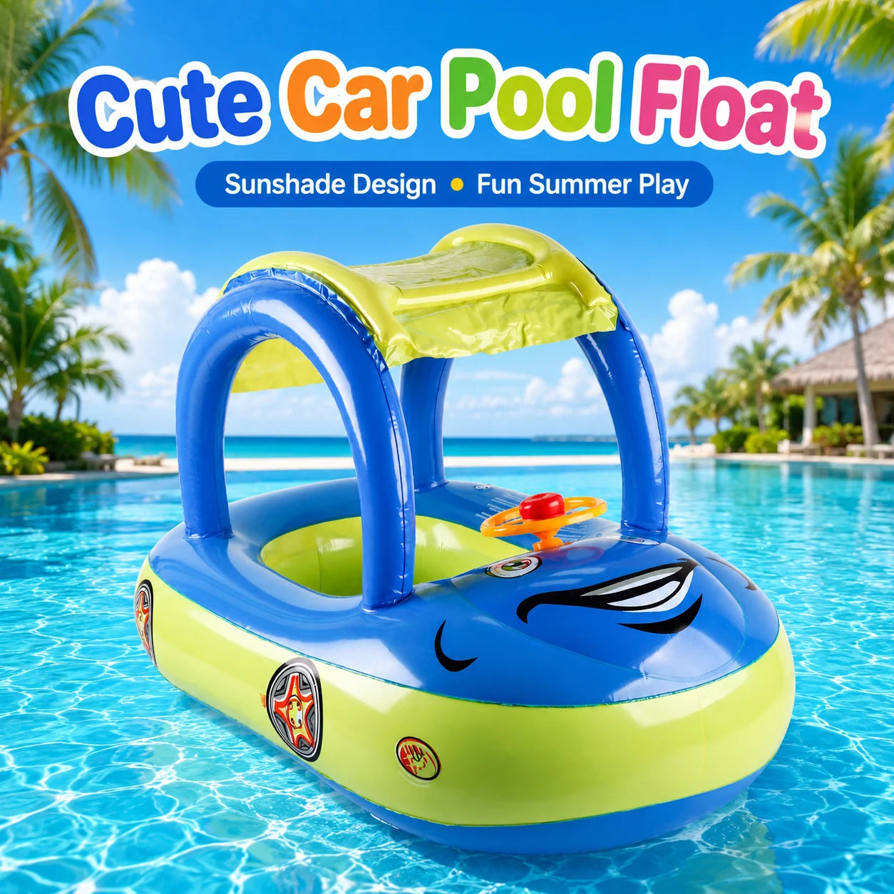 Inflatable Pool Float with Canopy & Steering Wheel – Sun Shade Summer Water Toy