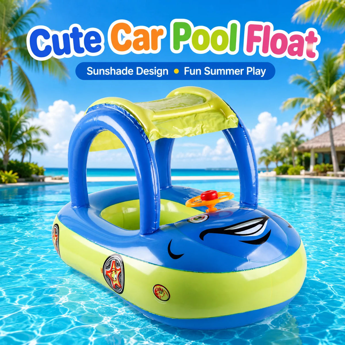 Inflatable Pool Float with Canopy & Steering Wheel – Sun Shade Summer Water Toy