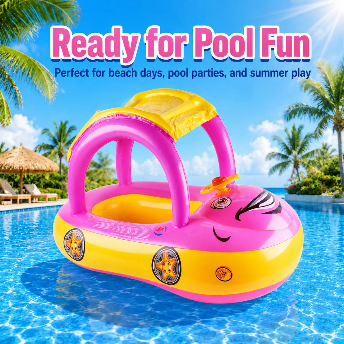 Inflatable Pool Float with Canopy & Steering Wheel – Sun Shade Summer Water Toy