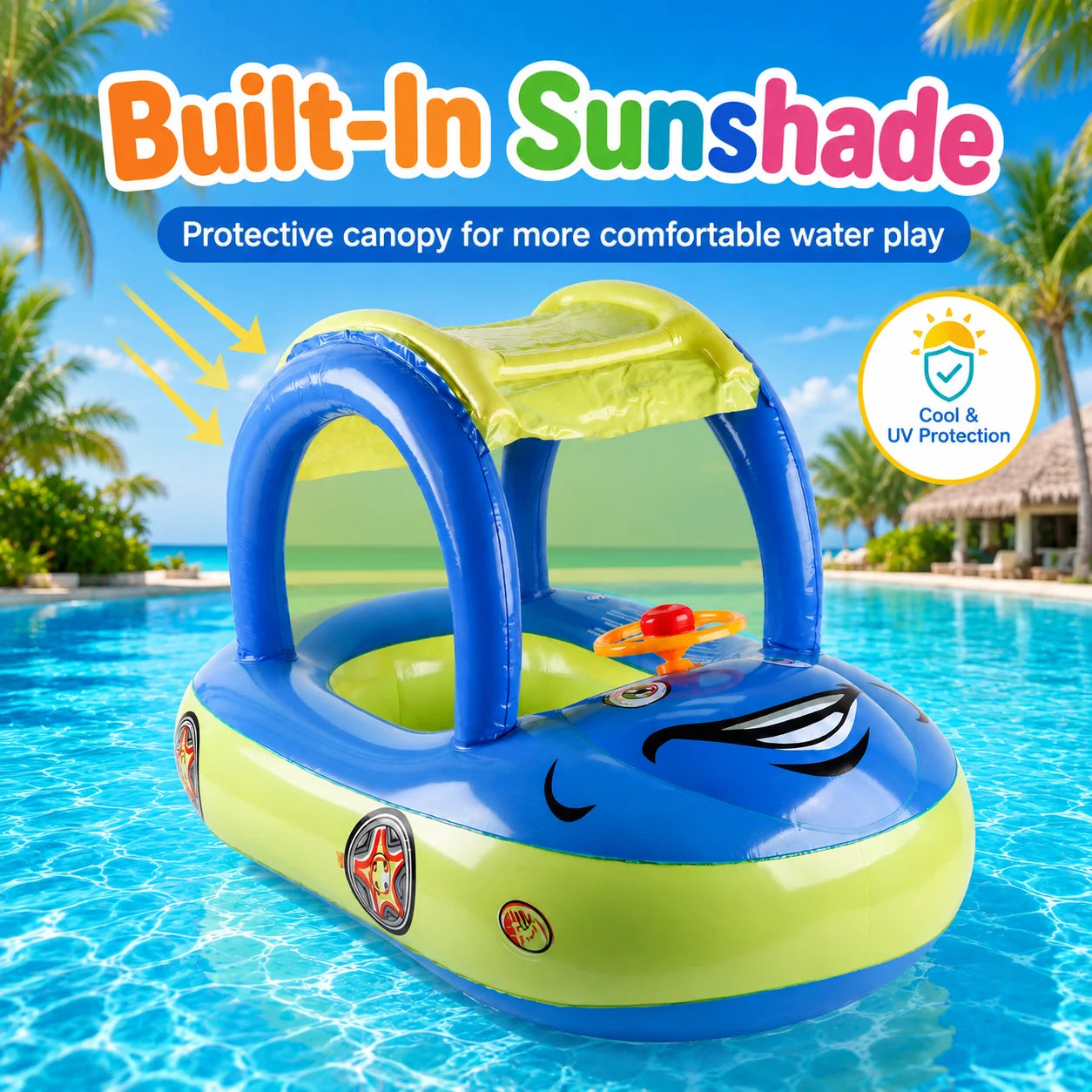 Inflatable Pool Float with Canopy & Steering Wheel – Sun Shade Summer Water Toy