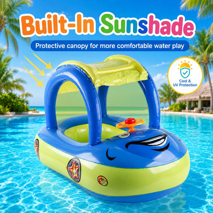 Inflatable Pool Float with Canopy & Steering Wheel – Sun Shade Summer Water Toy