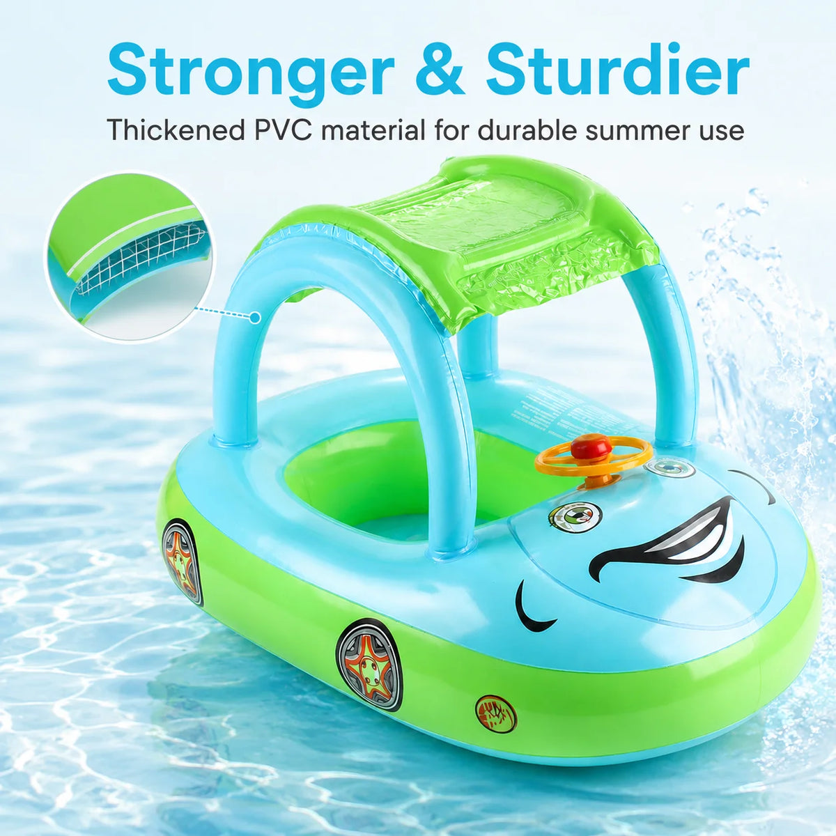 Inflatable Pool Float with Canopy & Steering Wheel – Sun Shade Summer Water Toy