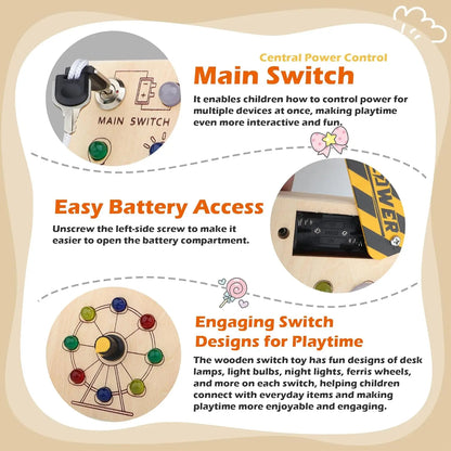 Montessori Toddler Toys Baby Wooden Busy Board Sensory Toys with Light Switch Control Board Fine Motor Activities Toys For Kids