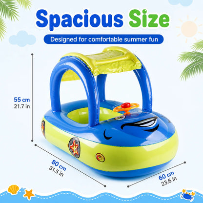 Inflatable Pool Float with Canopy & Steering Wheel – Sun Shade Summer Water Toy