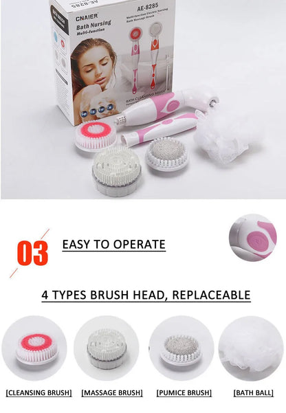 4-In-1 Electric Bath Brush with Long Handle – Waterproof Body Scrubber & Massager