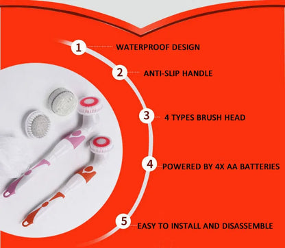 4-In-1 Electric Bath Brush with Long Handle – Waterproof Body Scrubber & Massager