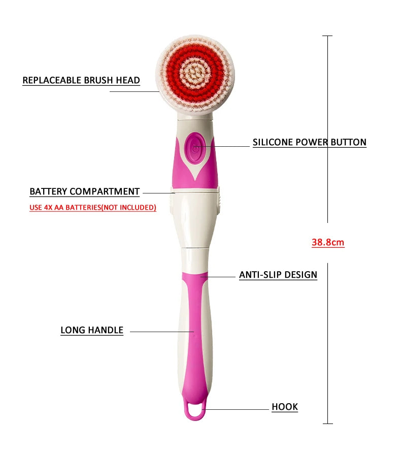 4-In-1 Electric Bath Brush with Long Handle – Waterproof Body Scrubber & Massager