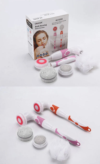 4-In-1 Electric Bath Brush with Long Handle – Waterproof Body Scrubber & Massager