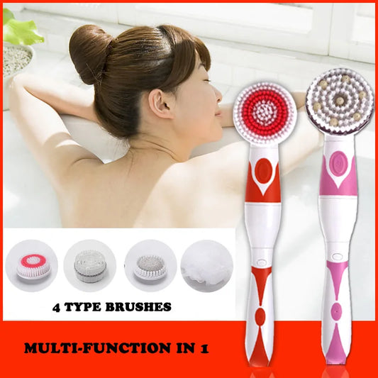 4-In-1 Electric Bath Brush with Long Handle – Waterproof Body Scrubber & Massager