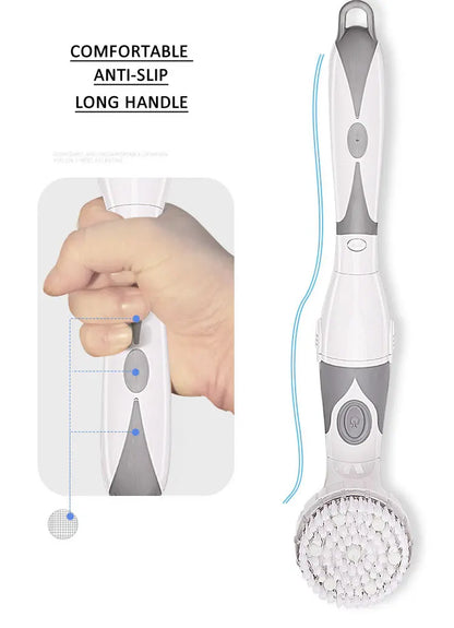 4-In-1 Electric Bath Brush with Long Handle – Waterproof Body Scrubber & Massager