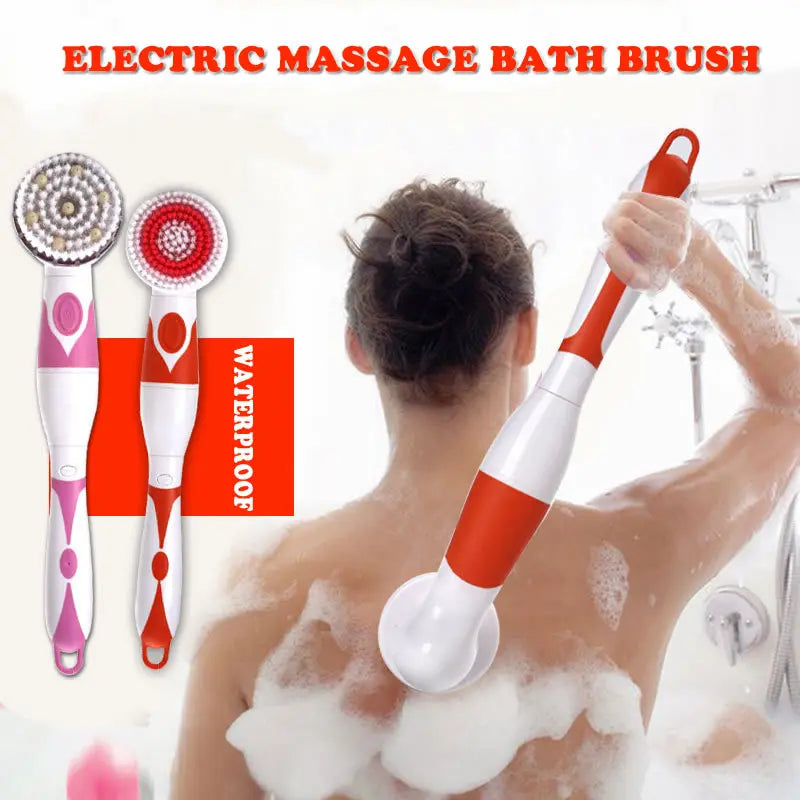 4-In-1 Electric Bath Brush with Long Handle – Waterproof Body Scrubber & Massager
