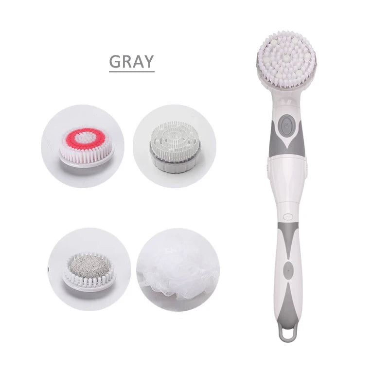 4-In-1 Electric Bath Brush with Long Handle – Waterproof Body Scrubber & Massager