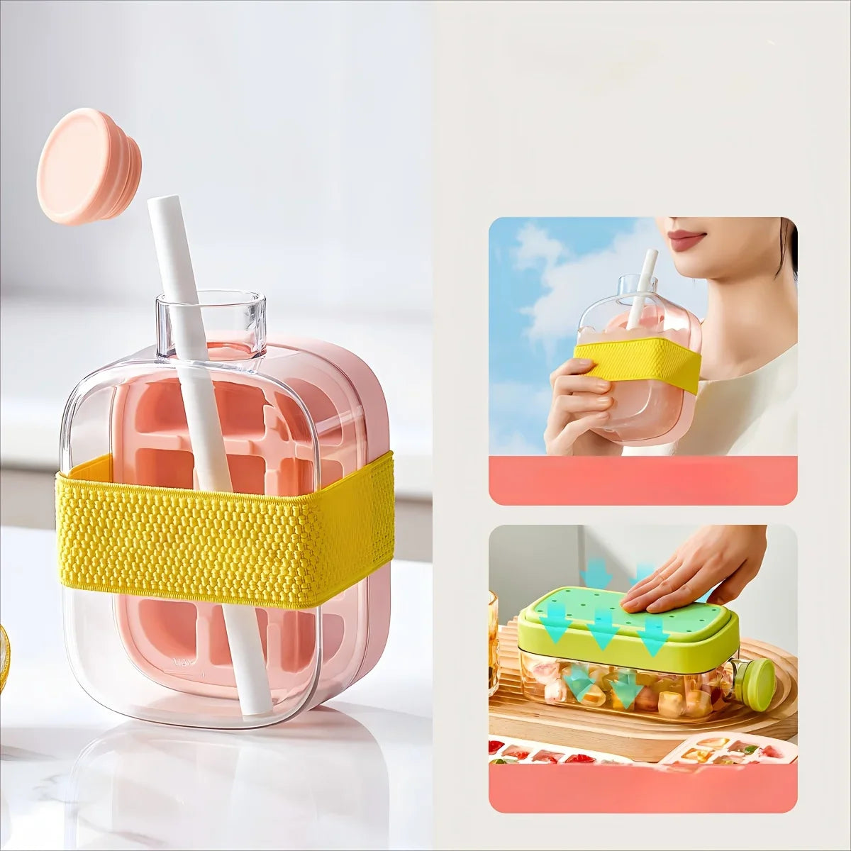 Ice Cube Bottle with Straw – Press & Release Ice Maker