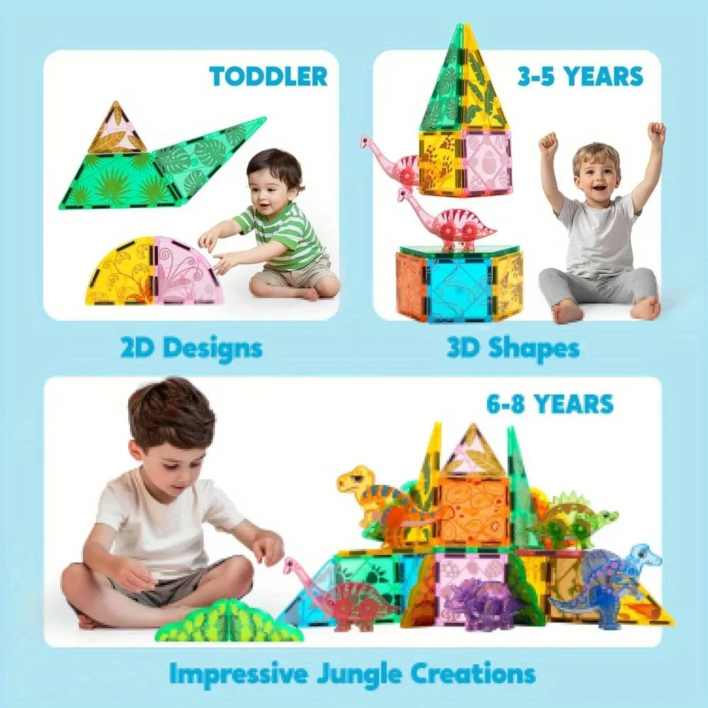 JOYFY 50Pcs Magnetic Building Tiles Dinosaur Set for Kids Christmas Birthday Gift 5 Cute Dinosaurs Educational STEM Toy