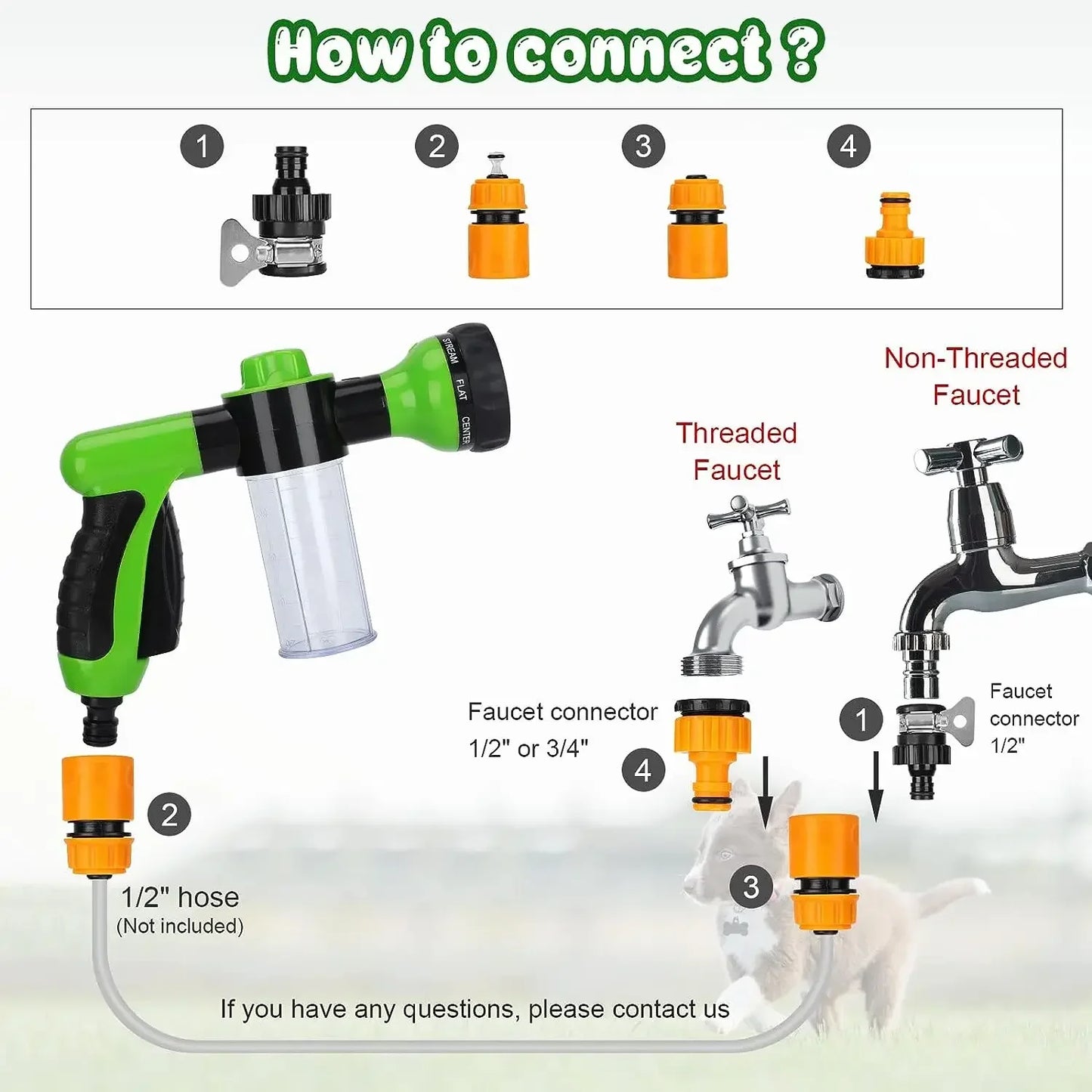 8-in-1 High Pressure Pet Shower Sprayer with Foam – Dog Bath & Garden Hose Nozzle