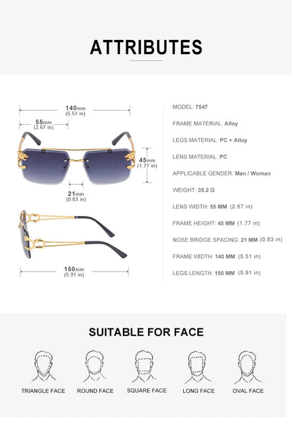 Fashion Metal Leopard Rimless Sunglasses – UV400 Double Bridge Gradient Shades for Men & Women