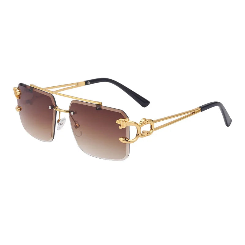 Fashion Metal Leopard Rimless Sunglasses – UV400 Double Bridge Gradient Shades for Men & Women
