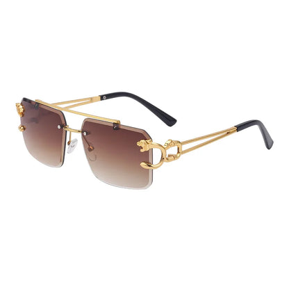 Fashion Metal Leopard Rimless Sunglasses – UV400 Double Bridge Gradient Shades for Men & Women