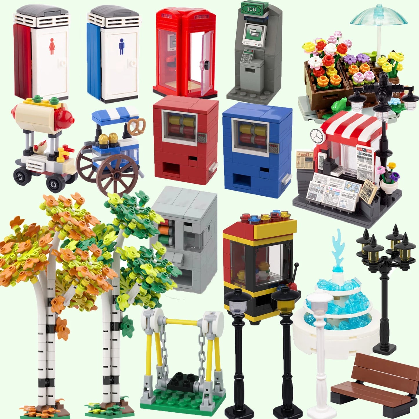 MOC City Series Scene Building Blocks Flower Shop Garden white poplar Men's restroom DIY Kids Toys Park Bench Street Lamp Toys