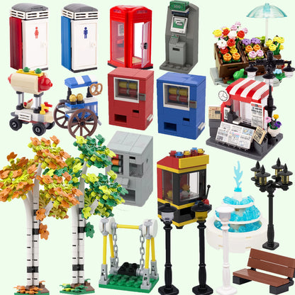 MOC City Series Scene Building Blocks Flower Shop Garden white poplar Men's restroom DIY Kids Toys Park Bench Street Lamp Toys