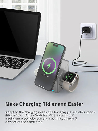 2025 Desktop Portable  Qi2 Phone Wireless Fast Charging Stand Magnetic Foldable 3 in 1 Cube Wireless Charger Dock