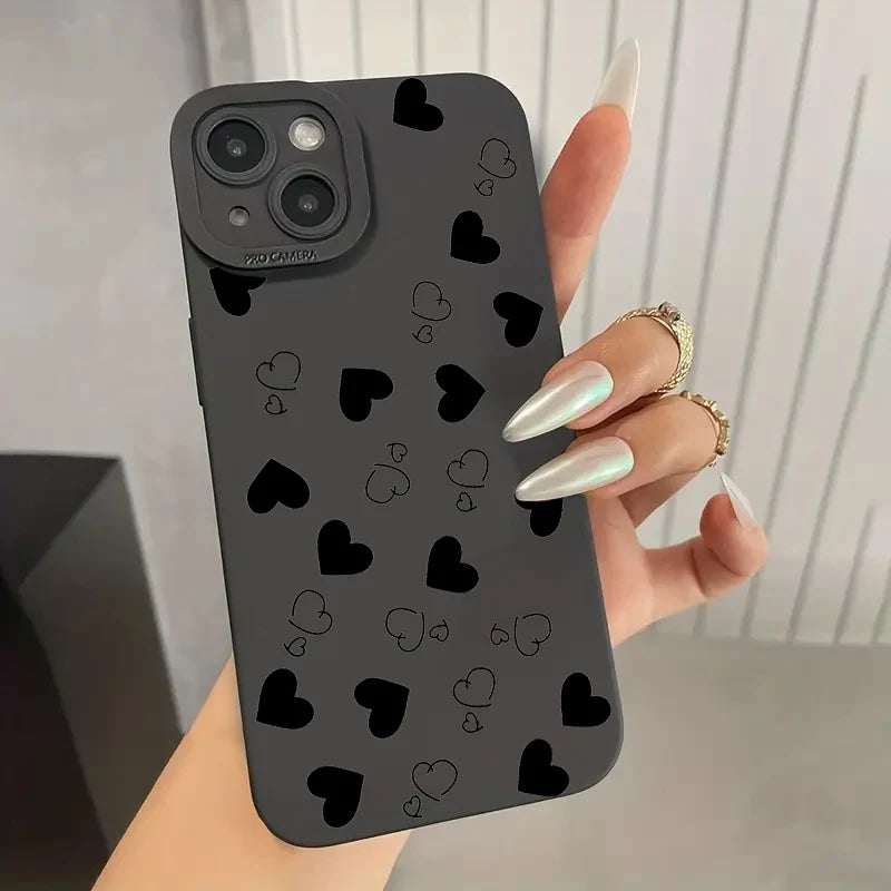Black Love Heart Phone Case For iPhone 17 16E 16 15 14 11 Pro Max Air 12 13 XS XR X 8 7 Plus SE2 Shockproof Soft Silicone Cover