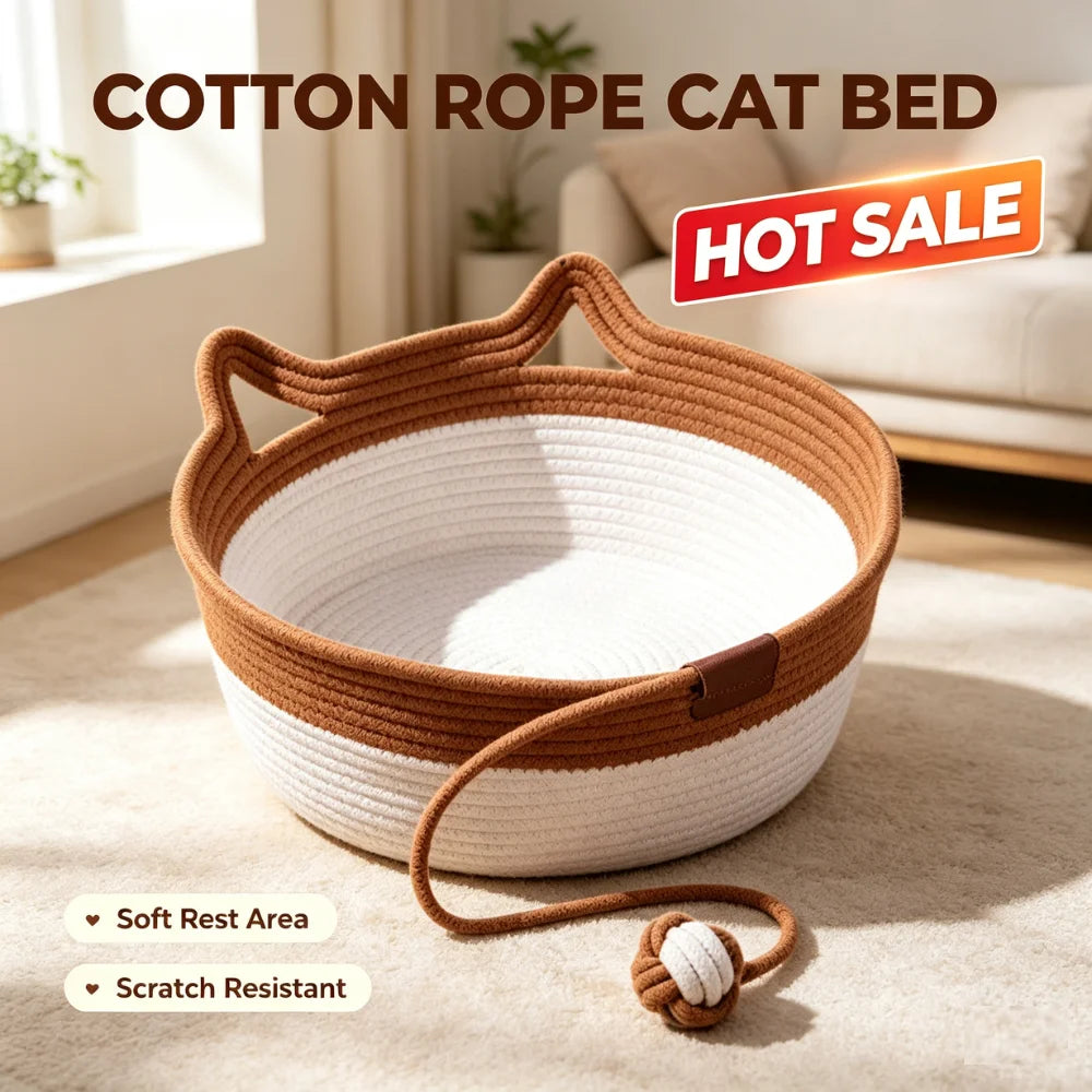 Caramel Handwoven Cat Bed Cotton Rope Basket with Toy Ball Durable Scratchable Resting Nest for Kittens Indoor Cats