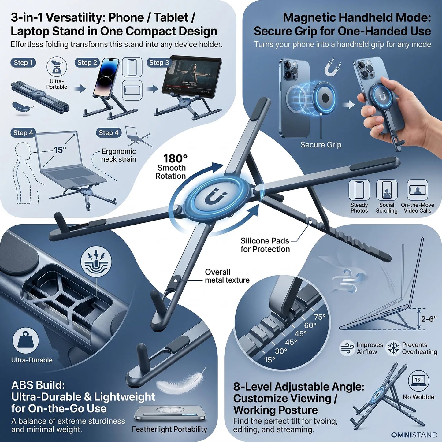 3-in-1 Magnetic Phone Holder & Foldable Tripod Stand
