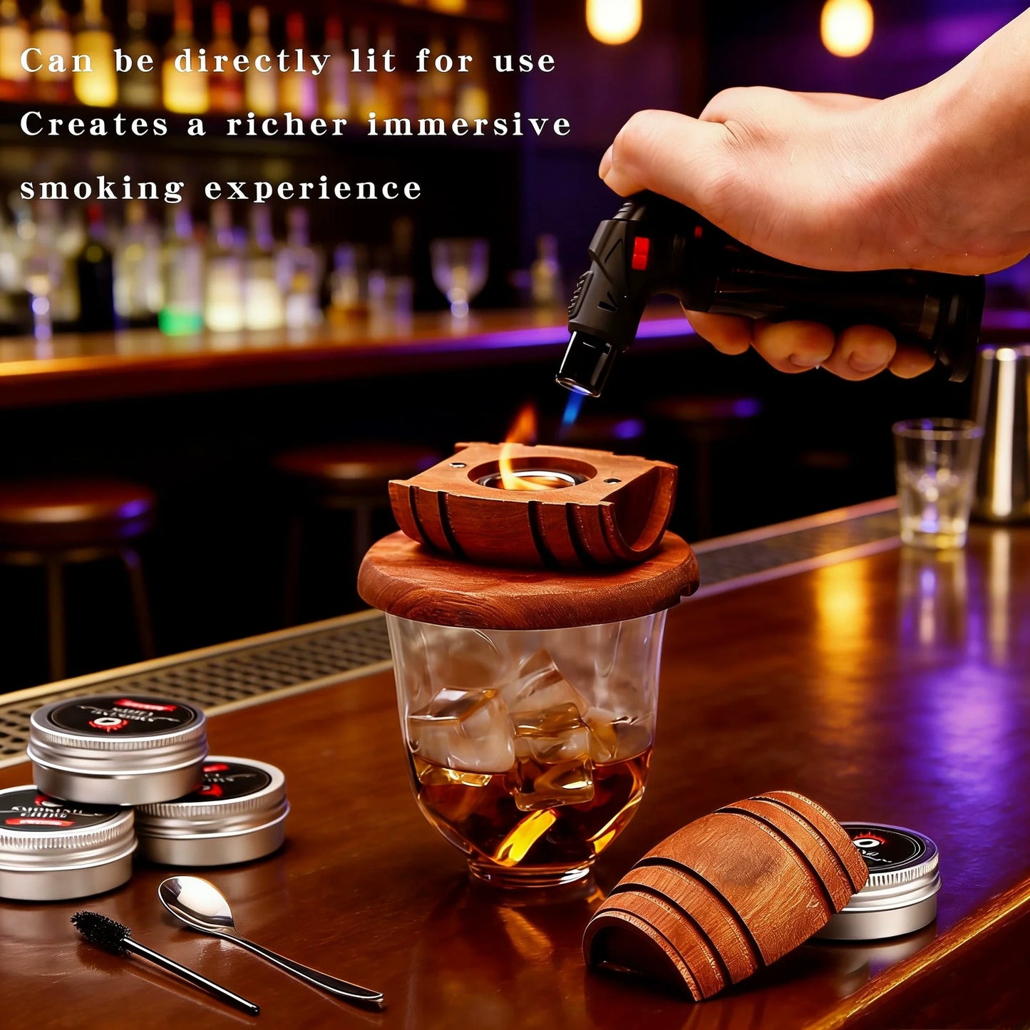 Whiskey Smoker Kit With 4 Flavors Wood Chips Wooden Barrel Design Infuser For Old Fashioned Bourbon Perfect Holiday Gift For Men