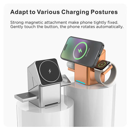2025 Desktop Portable  Qi2 Phone Wireless Fast Charging Stand Magnetic Foldable 3 in 1 Cube Wireless Charger Dock