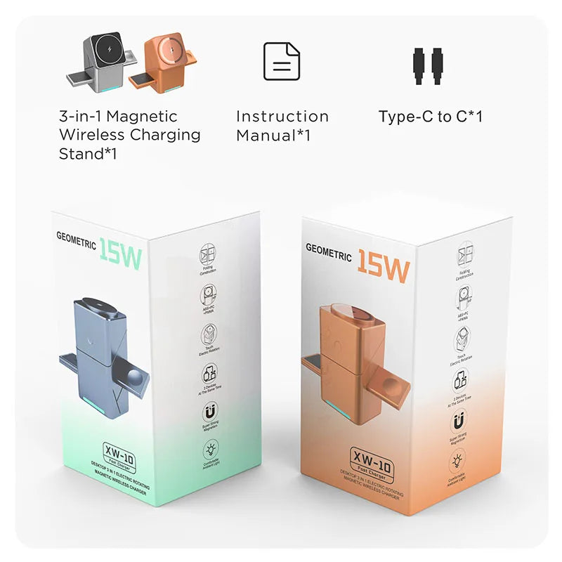 2025 Desktop Portable  Qi2 Phone Wireless Fast Charging Stand Magnetic Foldable 3 in 1 Cube Wireless Charger Dock