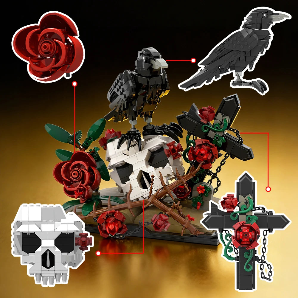 Raven Skull Roses Flower Building Blocks Set , Skull Planter Botanical CollectionKit for Adult, Gift for Christmas, GothicHorror