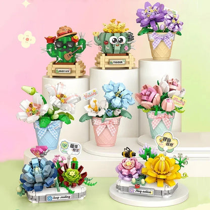 Mini Potted Succulent Flower Building Blocks DIY Cute Bouquet Model Ornaments Adult Children Assembly Toy Boys Girls Gift