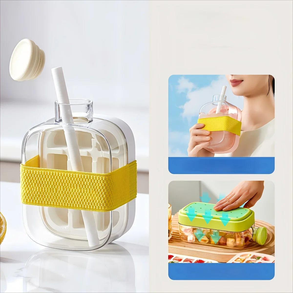 Ice Cube Bottle with Straw – Press & Release Ice Maker