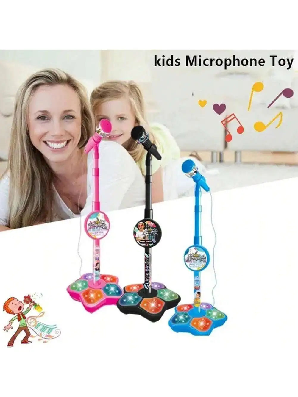 Kids Karaoke Microphone Toy with Speaker, Stand & Light Up Effects
