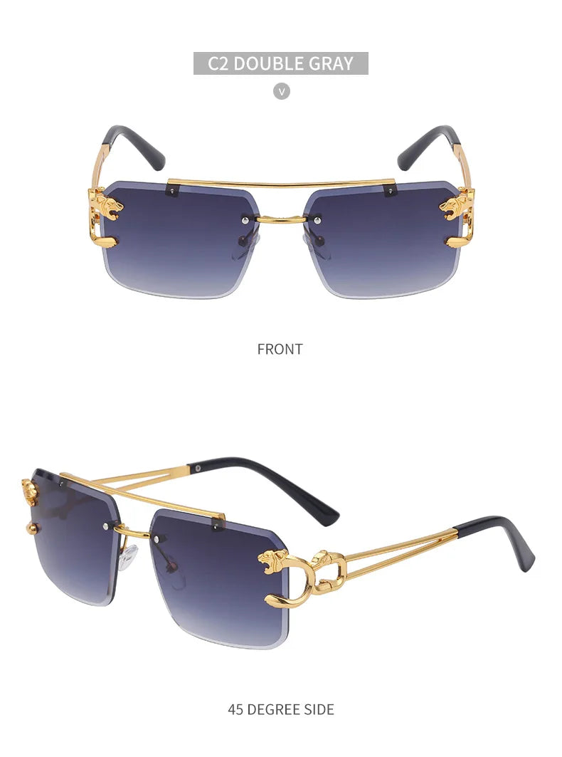 Fashion Metal Leopard Rimless Sunglasses – UV400 Double Bridge Gradient Shades for Men & Women