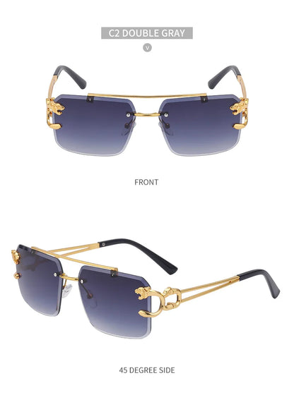 Fashion Metal Leopard Rimless Sunglasses – UV400 Double Bridge Gradient Shades for Men & Women