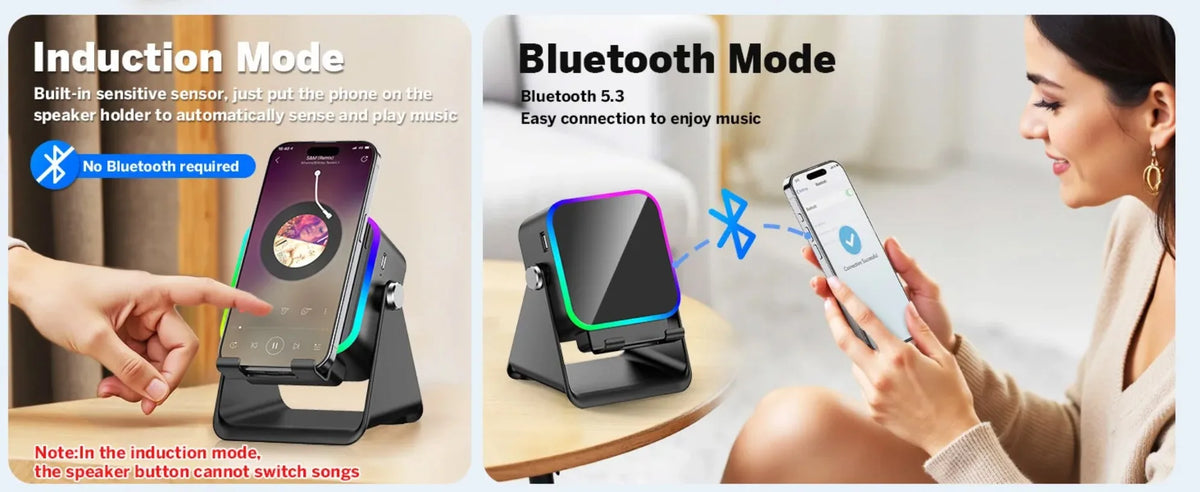 5-in-1 Wireless Induction Speaker & Phone Holder – RGB Lights & HIFI Surround Sound