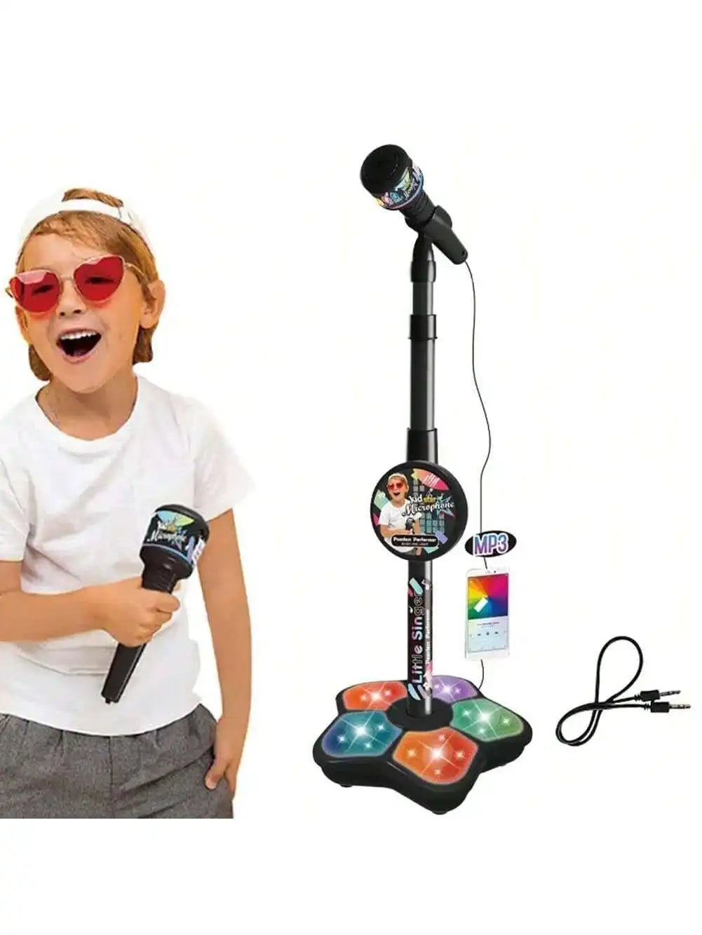 Kids Karaoke Microphone Toy with Speaker, Stand & Light Up Effects