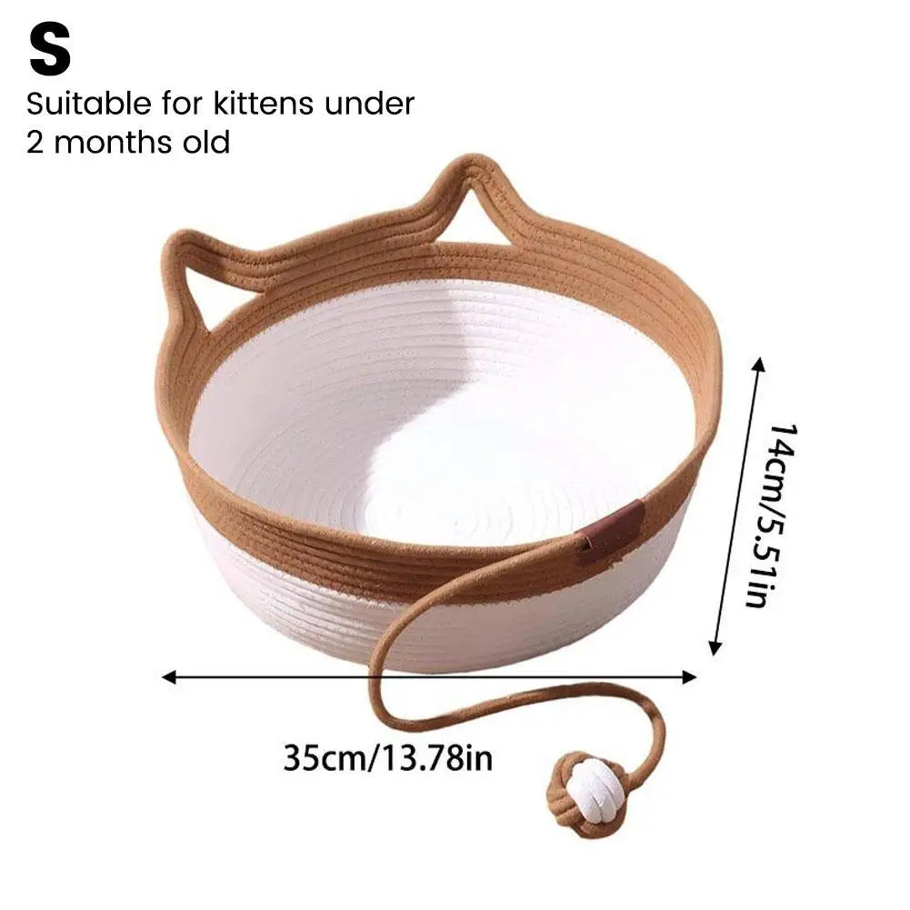 Caramel Handwoven Cat Bed Cotton Rope Basket with Toy Ball Durable Scratchable Resting Nest for Kittens Indoor Cats