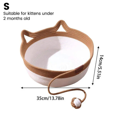 Caramel Handwoven Cat Bed Cotton Rope Basket with Toy Ball Durable Scratchable Resting Nest for Kittens Indoor Cats