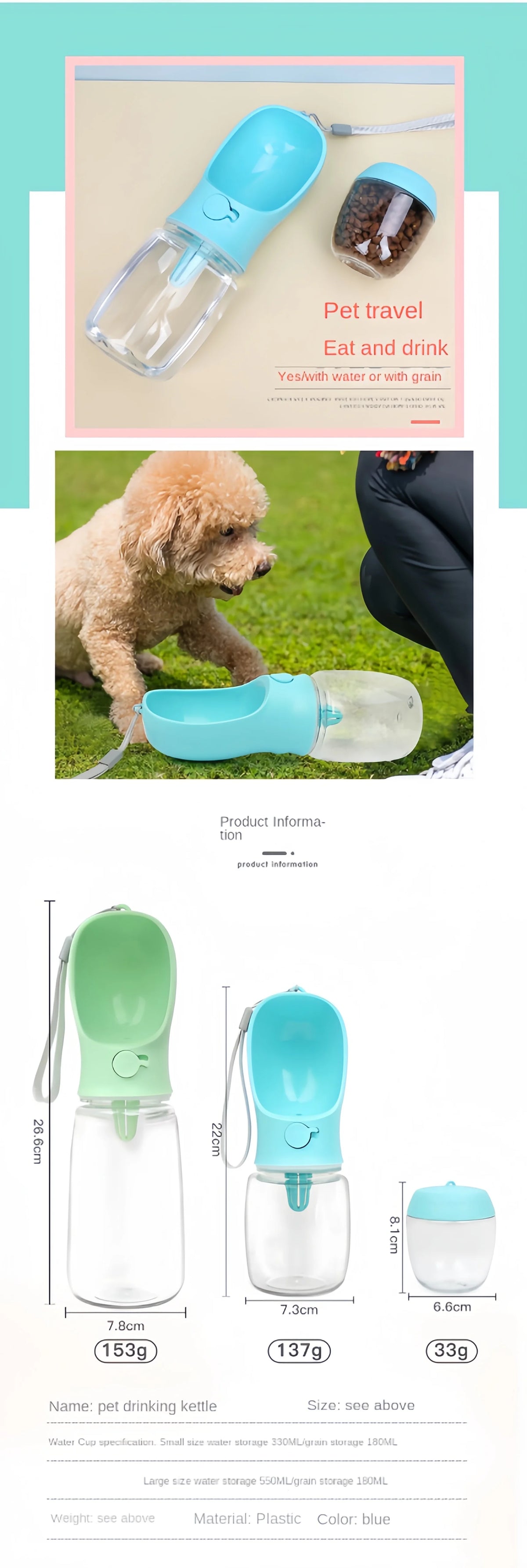 Portable Dog Water Bottle with Food & Water Storage – Travel Feeder Bowl for Pets