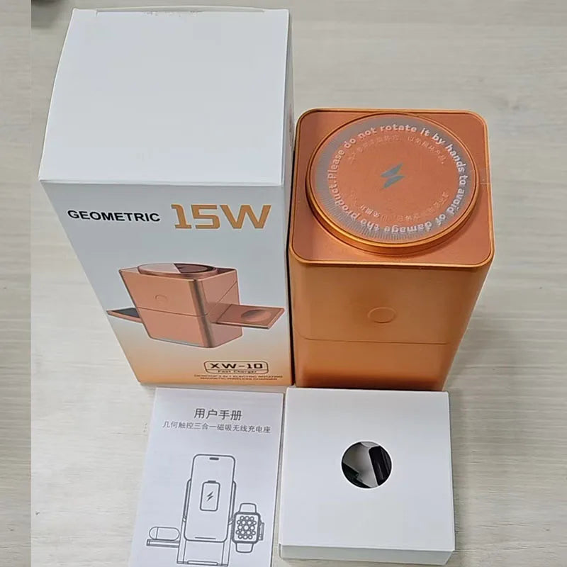 2025 Desktop Portable  Qi2 Phone Wireless Fast Charging Stand Magnetic Foldable 3 in 1 Cube Wireless Charger Dock