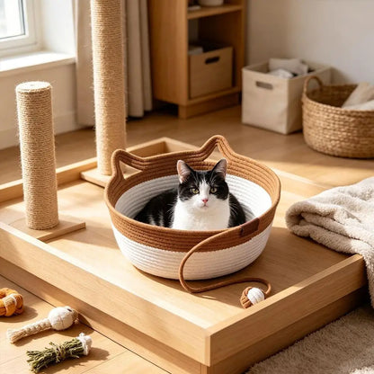 Caramel Handwoven Cat Bed Cotton Rope Basket with Toy Ball Durable Scratchable Resting Nest for Kittens Indoor Cats