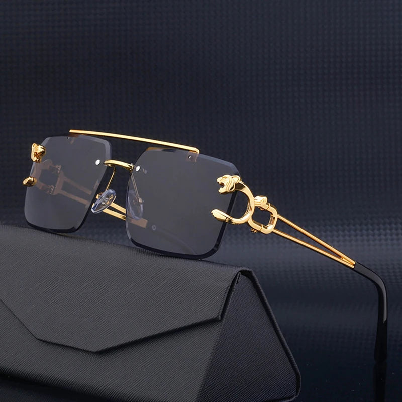 Fashion Metal Leopard Rimless Sunglasses – UV400 Double Bridge Gradient Shades for Men & Women