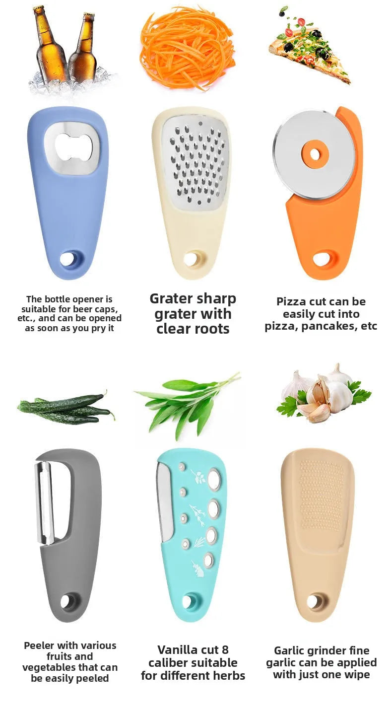 Kitchen Gadget Set – 6-Piece Pizza Knife, Vanilla Cutter, Bottle Opener, Shredder & Garlic Grinder