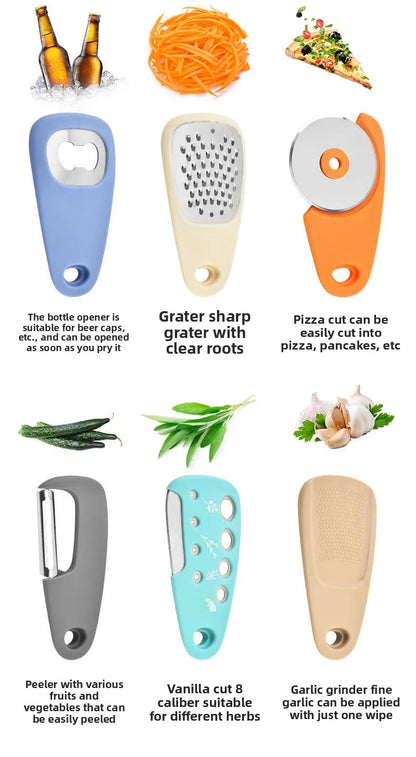 Kitchen Gadget Set – 6-Piece Pizza Knife, Vanilla Cutter, Bottle Opener, Shredder & Garlic Grinder