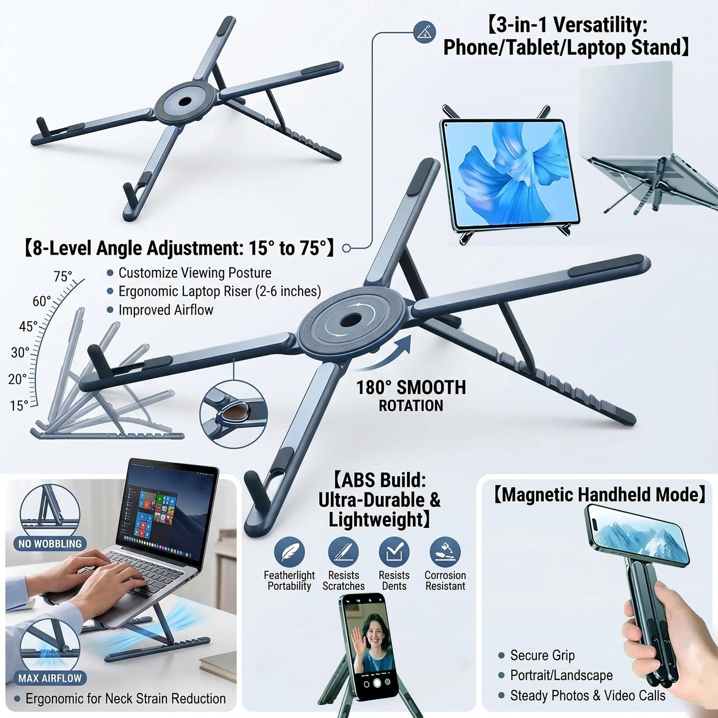 ABS 3 in 1 Portable Magnetic Phone Holder Selfie Multi-functional Stick Foldable Tripod Stand for iPhone iPad Tablet Laptop Desk