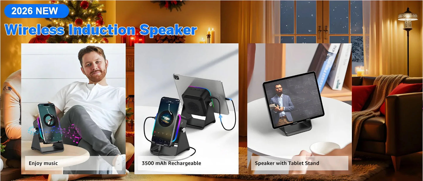 5-in-1 Wireless Induction Speaker & Phone Holder – RGB Lights & HIFI Surround Sound